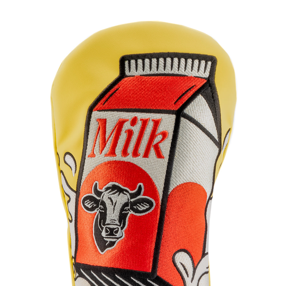 Rewind Golf x Anchorman officially licensed Milk Was A Bad Choice movie themed yellow driver golf headcover.