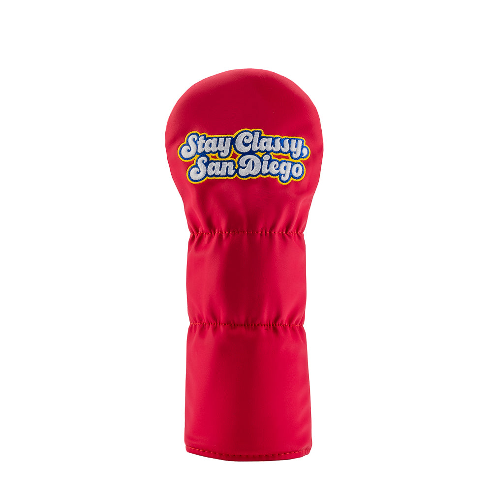 Rewind Golf x Anchorman officially licensed Stay Classy San Diego Red Suit and Pin movie themed red fairway wood golf headcover.