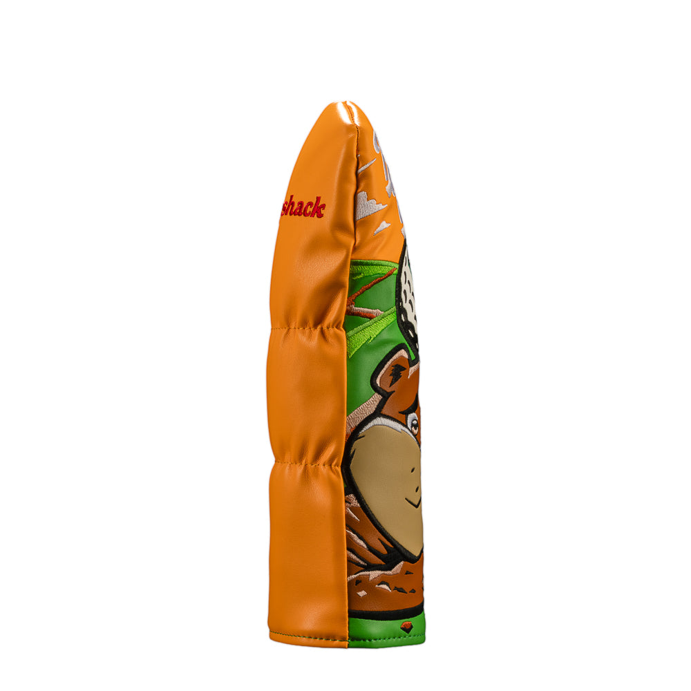 An official Caddyshack movie golf club fairway headcover featuring a cartoon gopher and a golf ball with the text 'Be the Ball'. The headcover has an orange top section, a brown beaver face, green grass details, and a white golf ball graphic in the center.