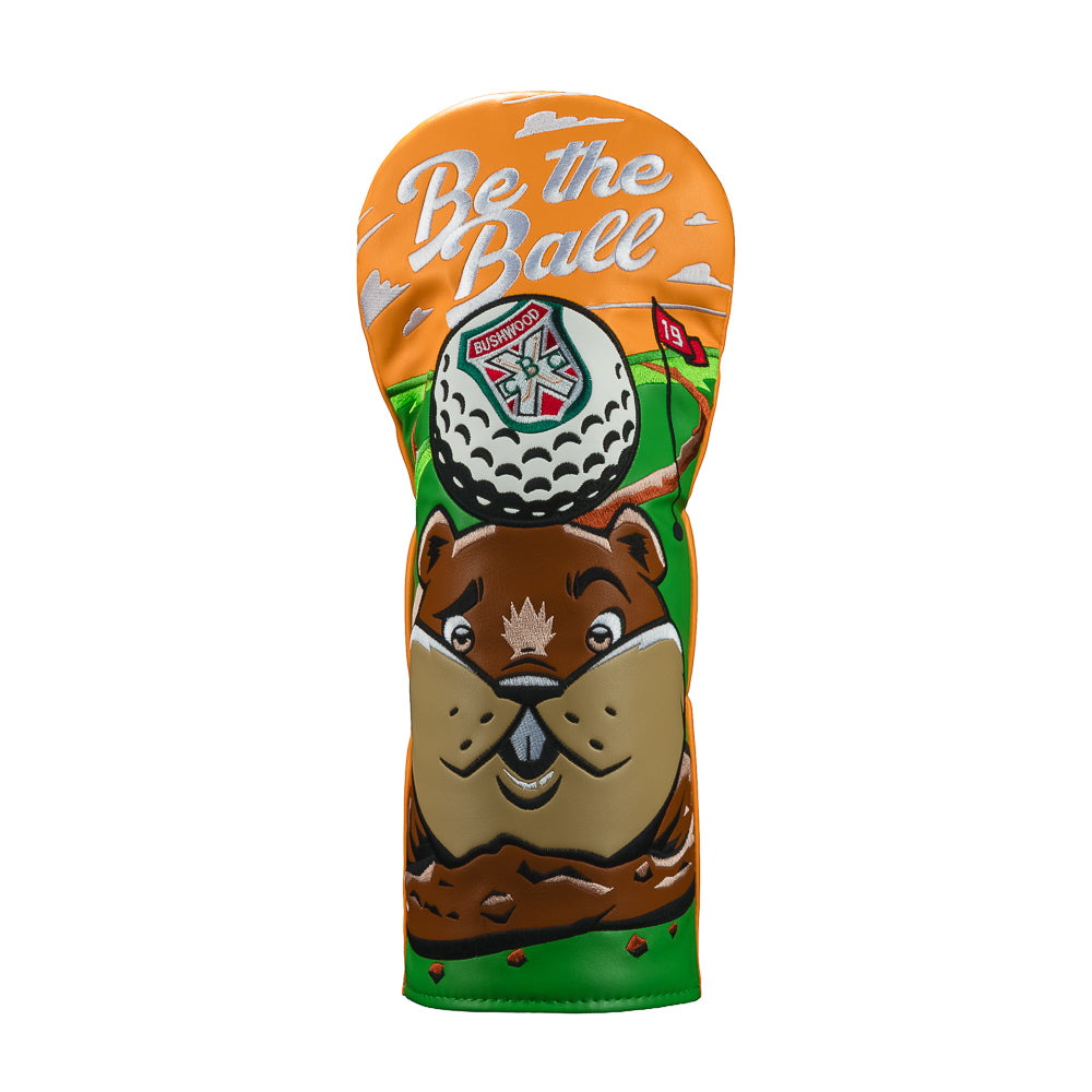 Rewind Golf Caddyshack Be the Ball driver headcover with gopher, golf ball and white lettering on an orange and green background and Be the Ball lettering above.