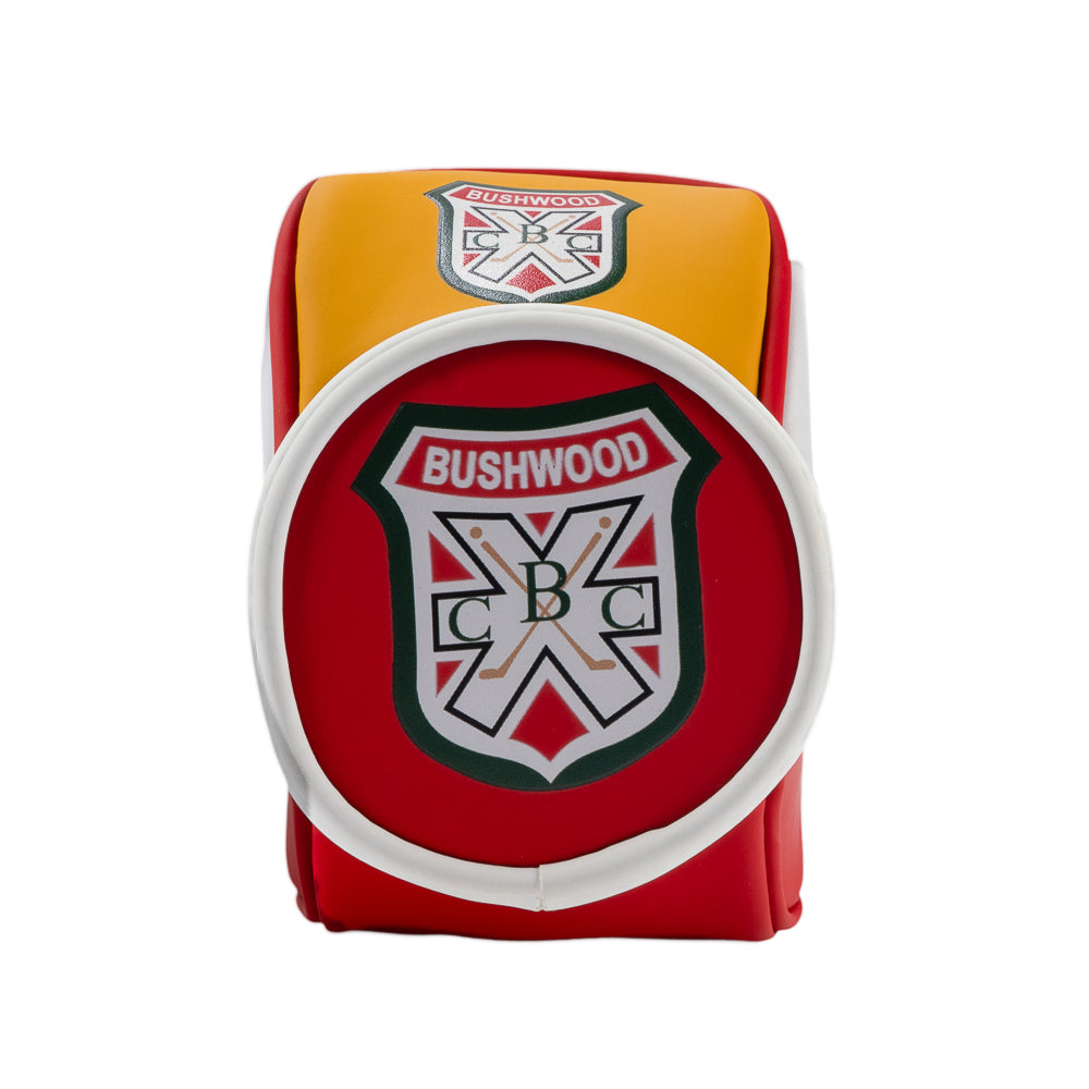 Rewind Golf Caddyshack Czervik Desk Caddy shown from bottom angle, featuring red and white panels, green and yellow accents, Bushwood crests.