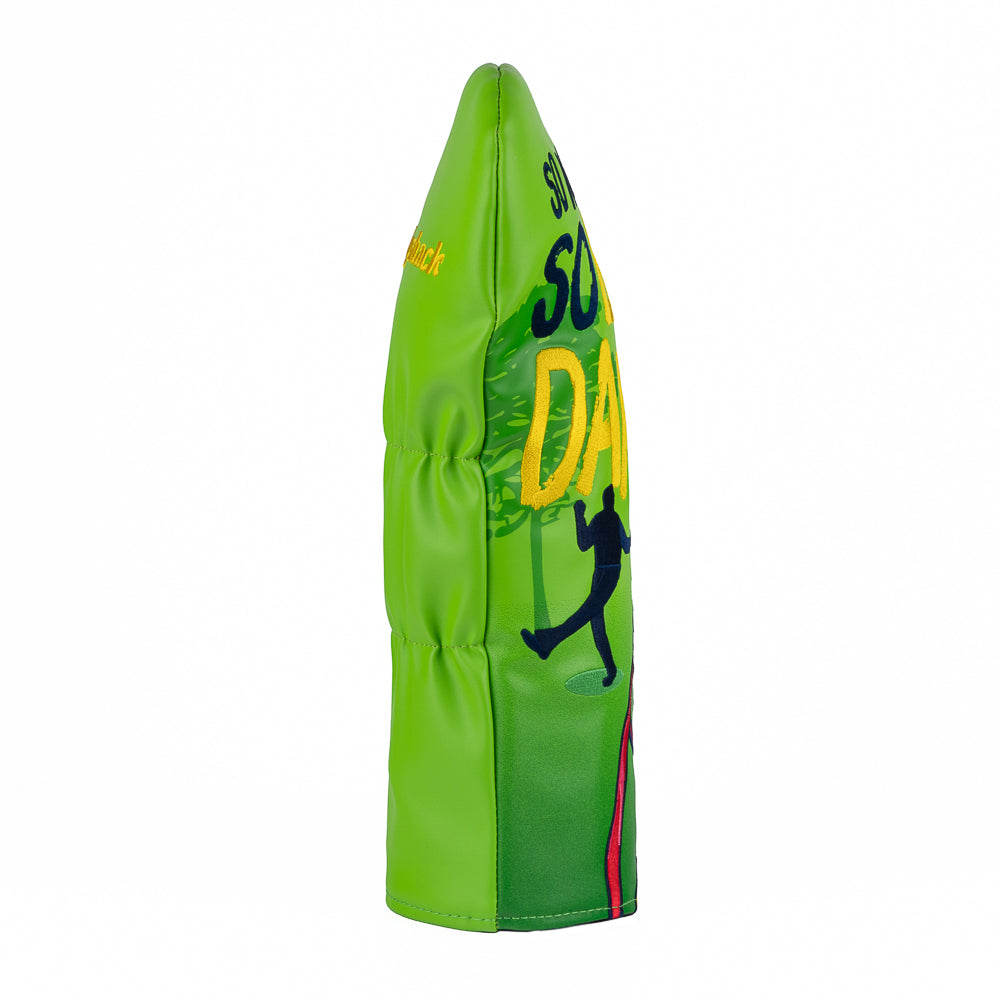 A bright green Caddyshack official Al Czervik themed golf club driver headcover featuring a colorful graphic design with the text 'SO WHAT? SO LET'S DANCE!' in yellow and black, alongside a stylized golf bag and club illustration.