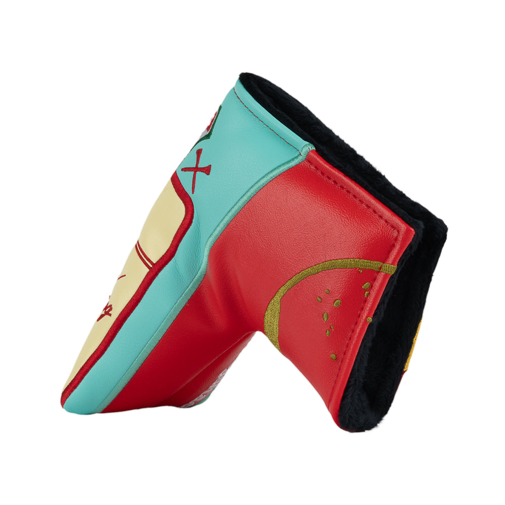 A novelty golf club headcover designed to look like a Caddyshack Halfway House menu, featuring a red side with yellow menu, a cream-colored front with red script text, and a turquoise top section with a Bushwood logo.