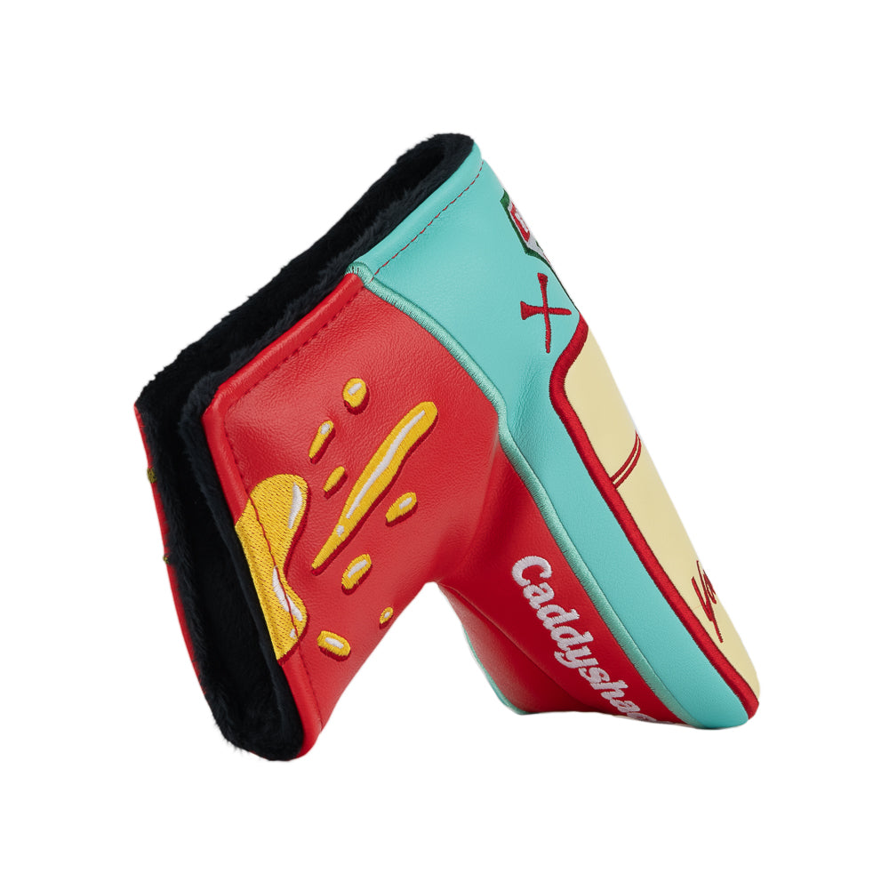 A novelty golf club headcover designed to look like a Caddyshack Halfway House menu, featuring a red side with yellow menu, a cream-colored front with red script text, and a turquoise top section with a Bushwood logo.