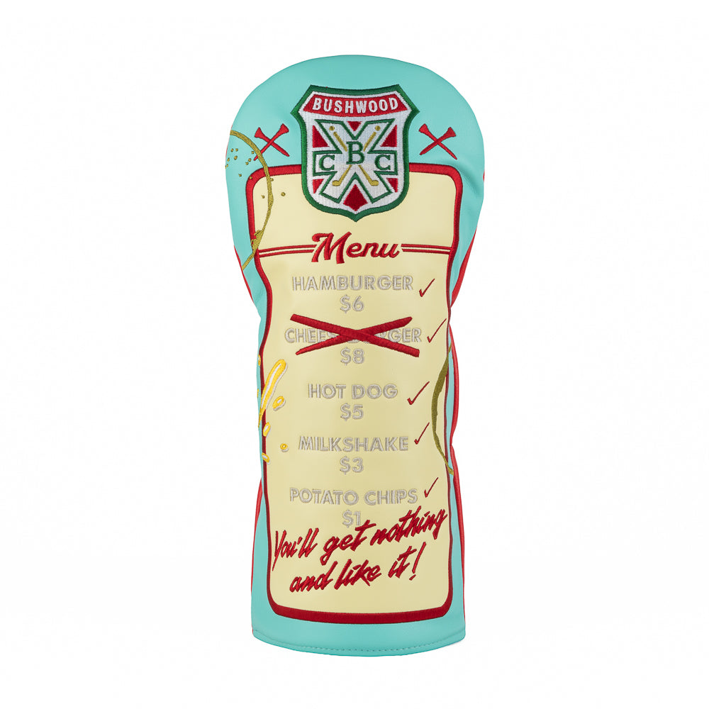 Rewind Golf Caddyshack Halfway House Menu driver headcover with Bushwood crest, embroidered cream menu and turquoise border.