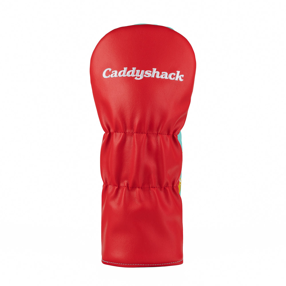 Rewind Golf Caddyshack Halfway House Menu driver headcover with Bushwood crest, embroidered cream menu and turquoise border.