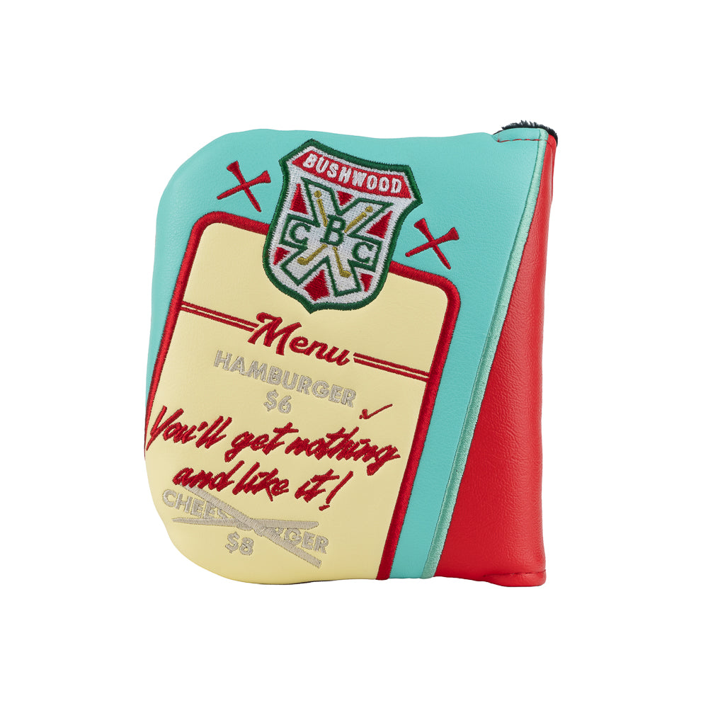 Rewind Golf Caddyshack Halfway House Menu mallet headcover with Bushwood crest, cream menu panel and turquoise trim.