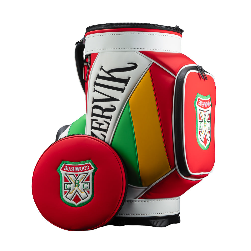 Rewind Golf Caddyshack Czervik Den Caddy Cooler with red, white, green, and yellow panels, vertical Czervik lettering, and a red zippered pocket with a Bushwood crest.