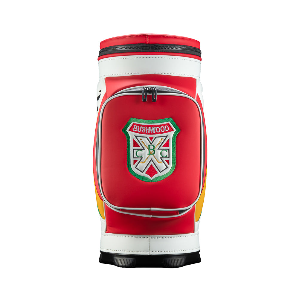 Rewind Golf Caddyshack Czervik Den Caddy Cooler with red, white, green, and yellow panels, vertical Czervik lettering, and a red zippered pocket with a Bushwood crest.