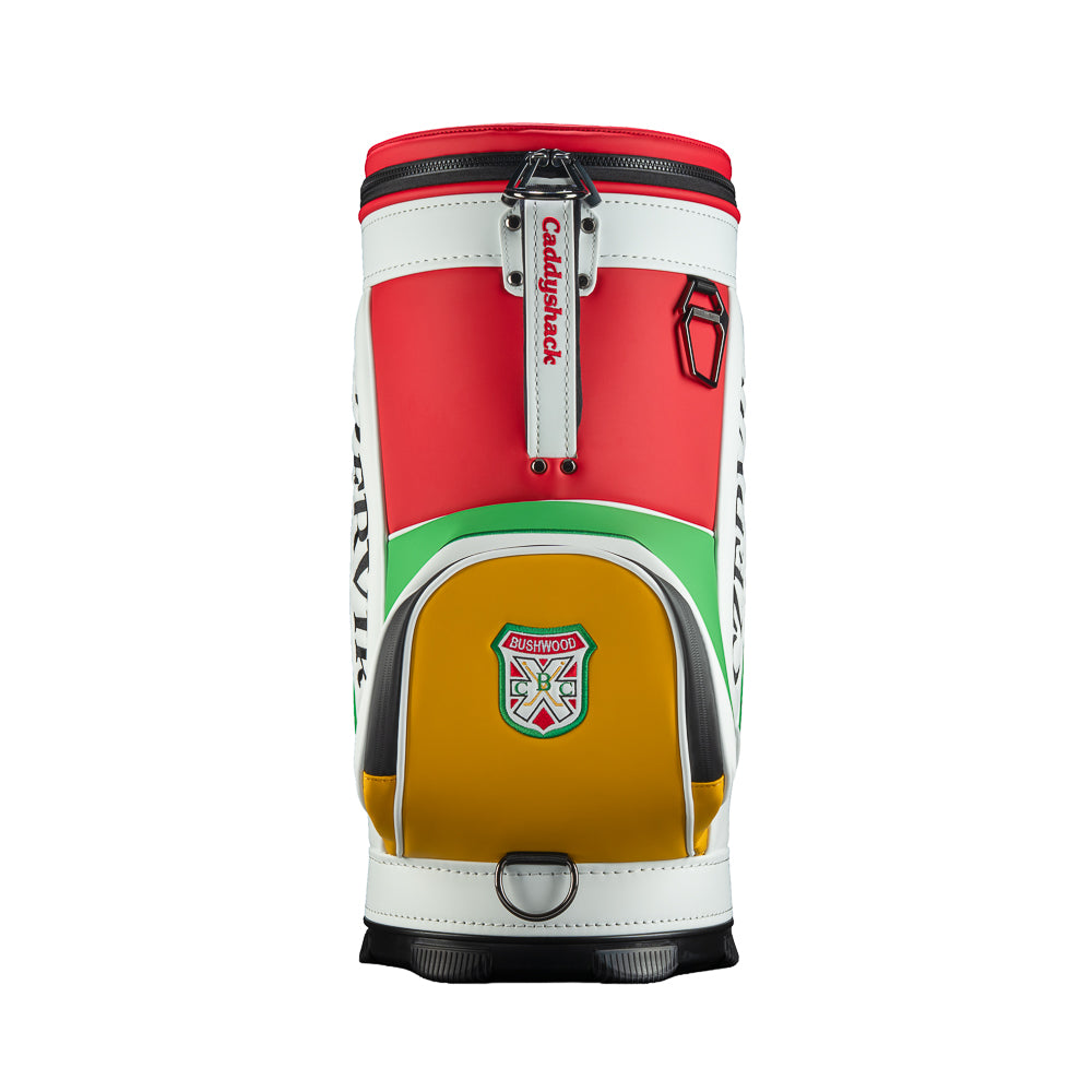 Rewind Golf Caddyshack Czervik Den Caddy Cooler with red, white, green, and yellow panels, vertical Czervik lettering, and a red zippered pocket with a Bushwood crest.