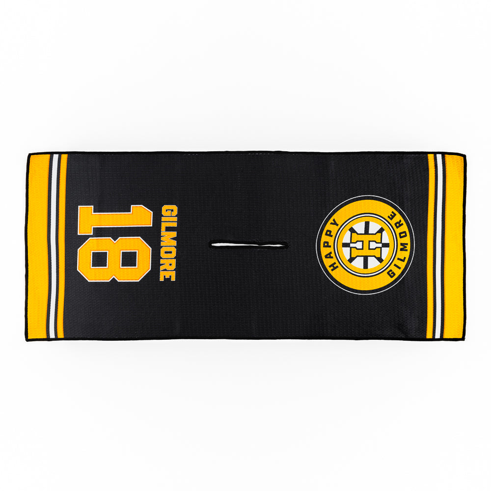 Black performance golf towel with yellow stripes and a Happy Gilmore Hockey logo.