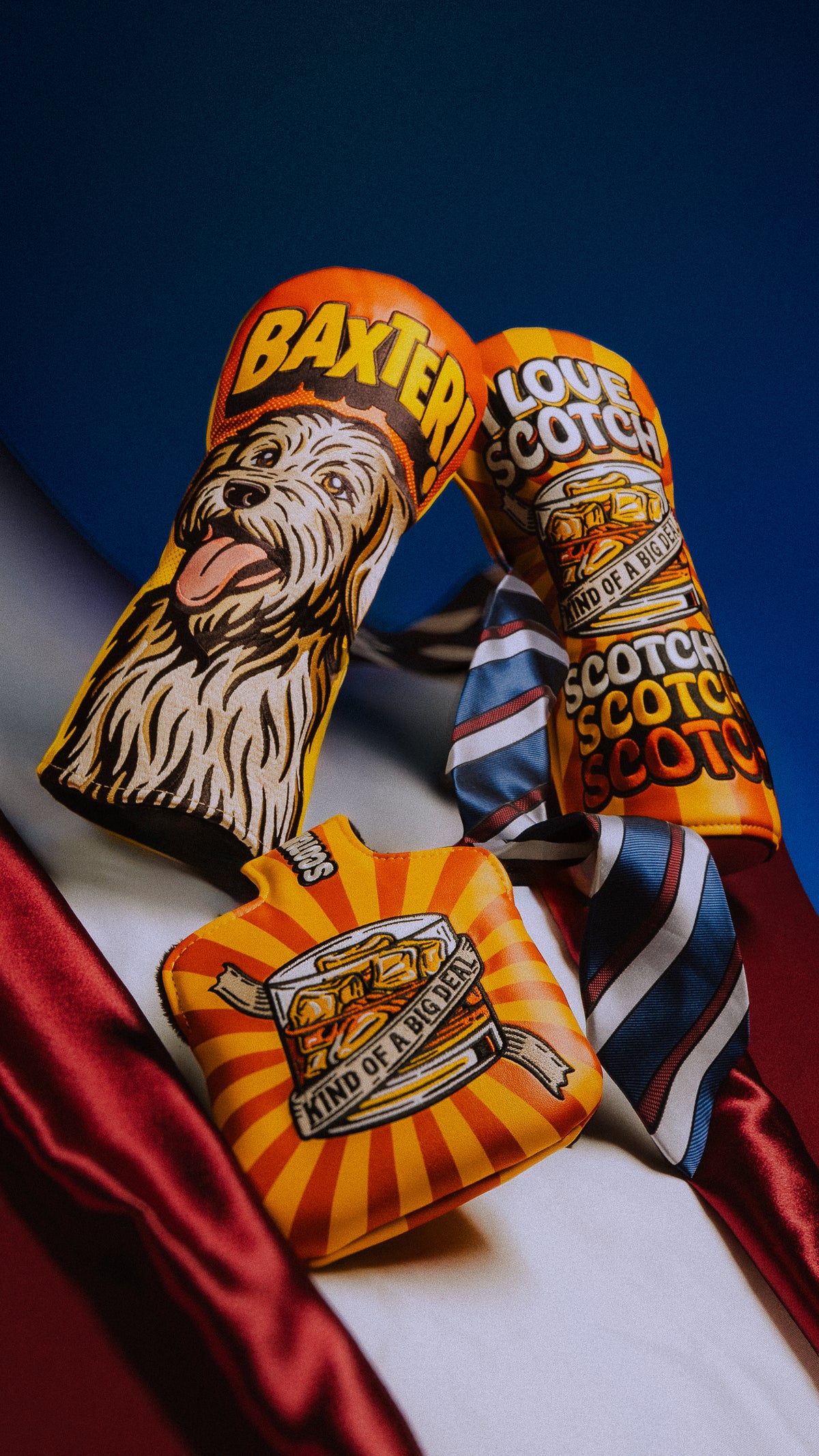 Rewind Golf official Anchorman Legend of Ron Burgundy collection featuring wood and putter headcovers.