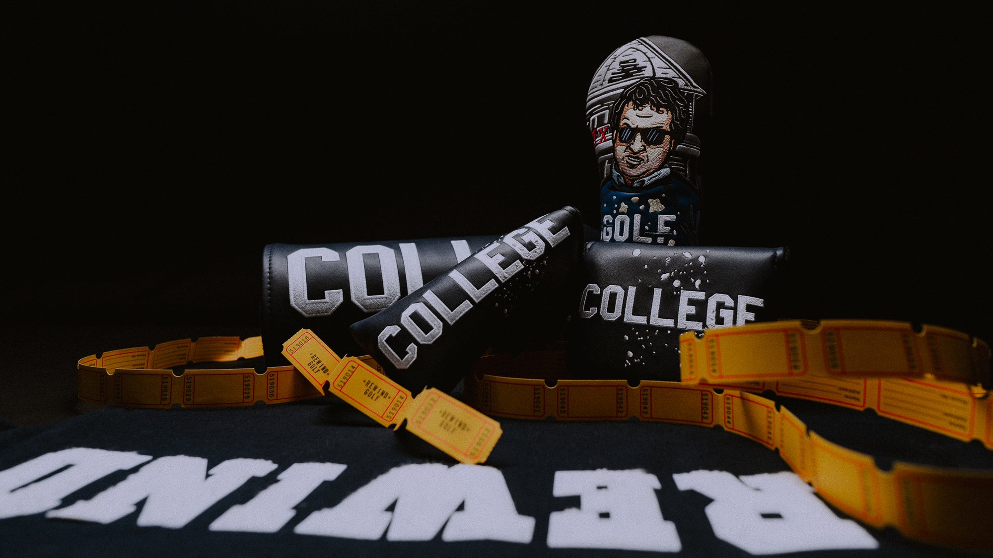 Rewind Golf x Animal House official headcover collection featuring movie-themed drivers, fairways, blades, and mallets.