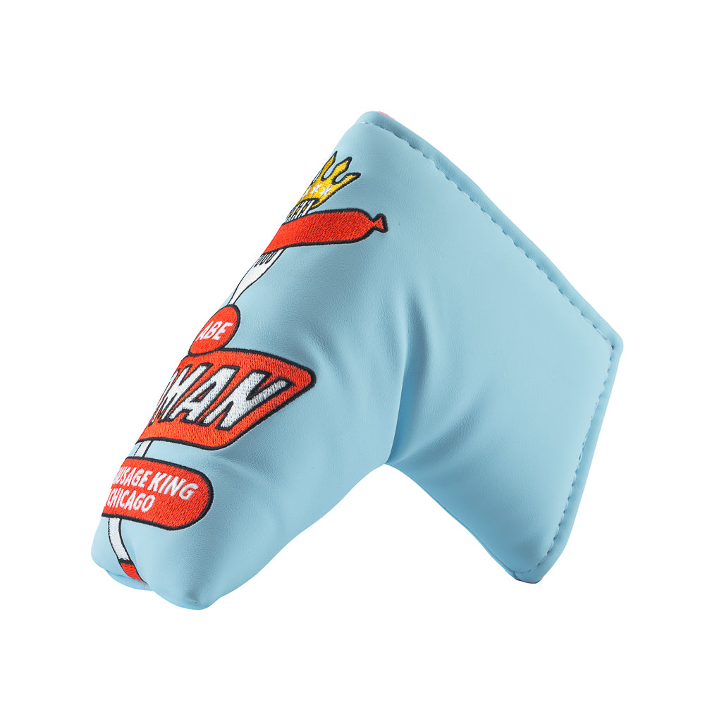 Rewind Golf x Ferris Bueller's Day Off official sky blue and red blade golf headcover featuring Abe Froman Sausage King of Chicago embroidery.