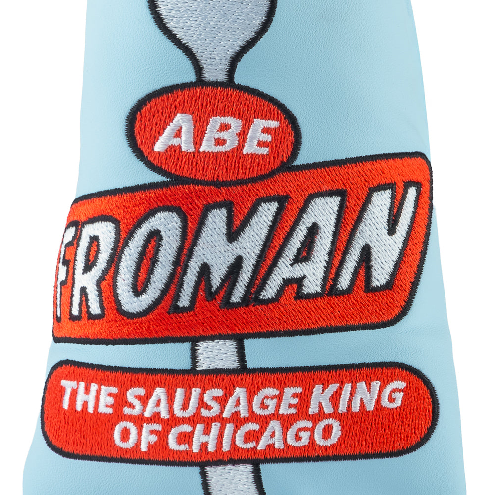 Rewind Golf x Ferris Bueller's Day Off official sky blue and red blade golf headcover featuring Abe Froman Sausage King of Chicago embroidery.
