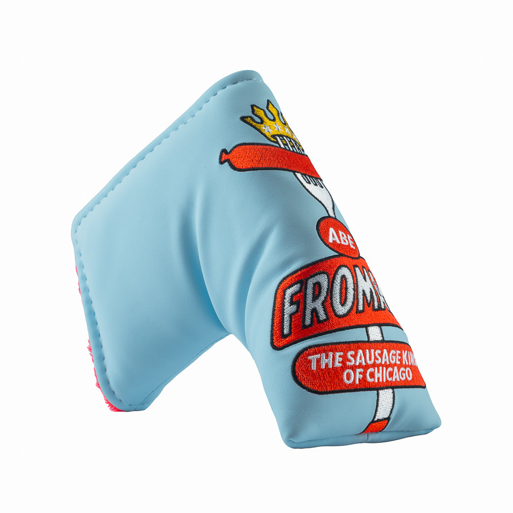 Rewind Golf x Ferris Bueller's Day Off official sky blue and red blade golf headcover featuring Abe Froman Sausage King of Chicago embroidery.