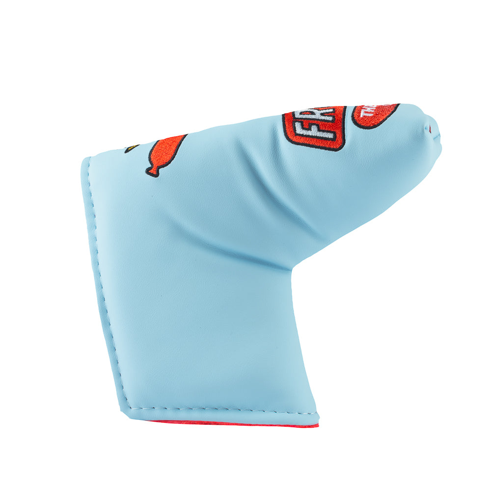 Rewind Golf x Ferris Bueller's Day Off official sky blue and red blade golf headcover featuring Abe Froman Sausage King of Chicago embroidery.