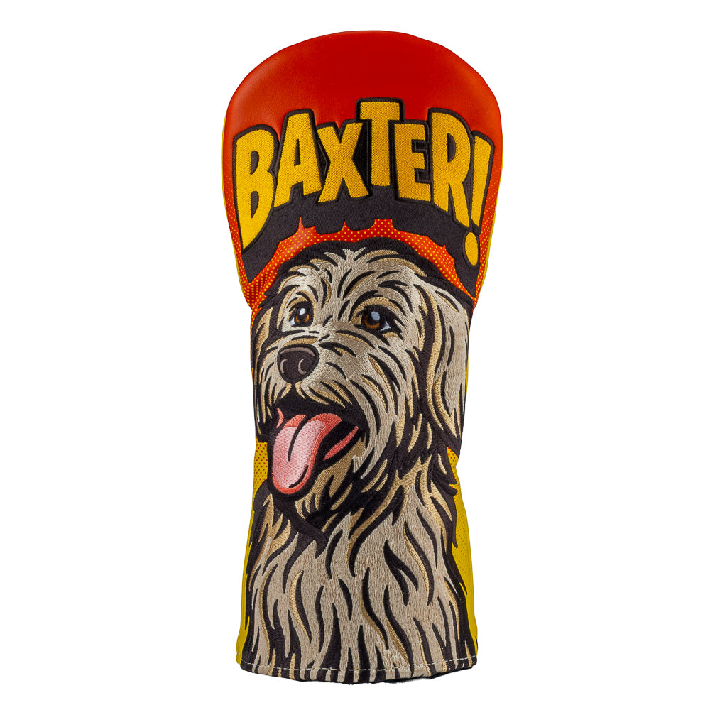 Rewind Golf x Anchorman Baxter The Dog themed driver golf headcover with 'Baxter!' text on a black background.