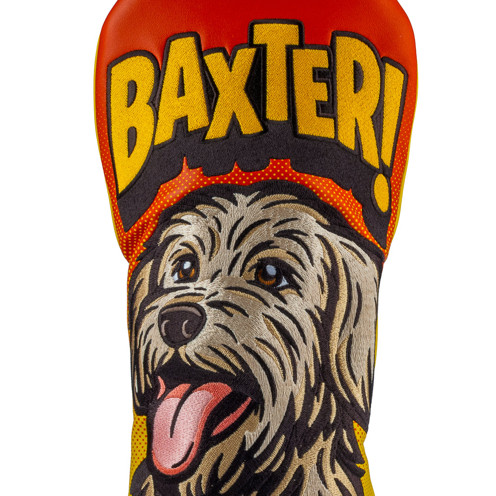Rewind Golf x Anchorman Baxter The Dog themed driver golf headcover with 'Baxter!' text on a black background.