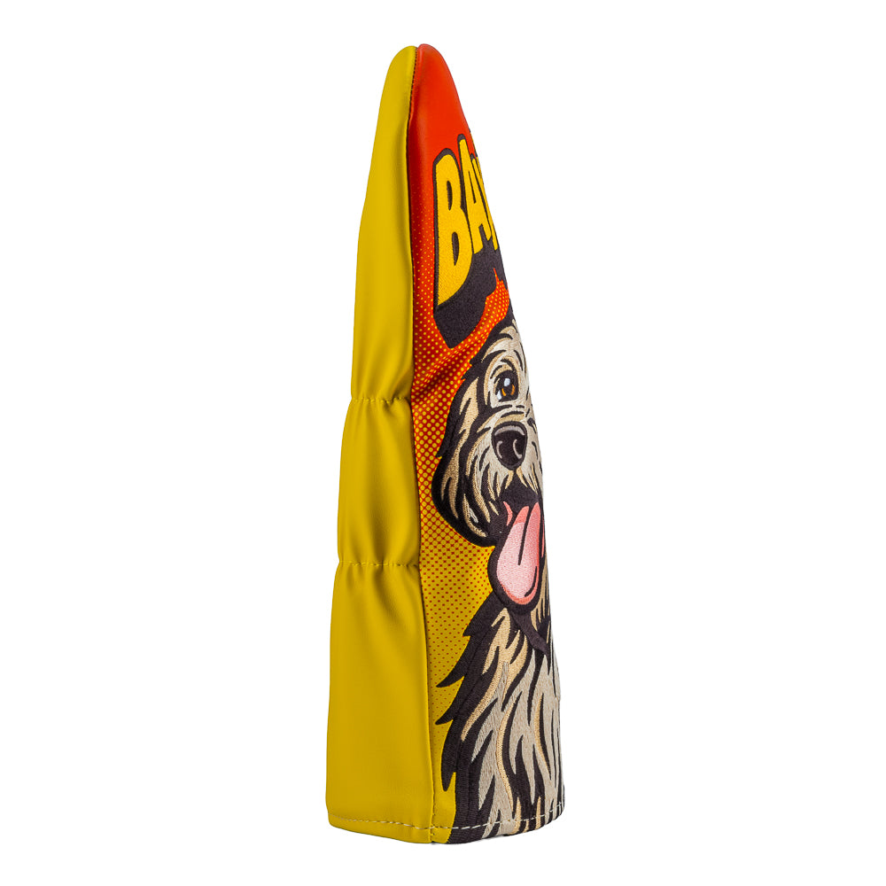 Rewind Golf x Anchorman Baxter The Dog themed driver golf headcover with 'Baxter!' text on a black background.