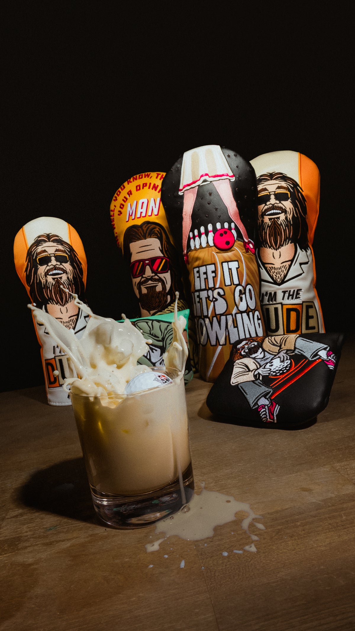 Rewind Golf officially licensed The Big Lebowski golf headcovers featuring iconic movie scenes and quotes.
