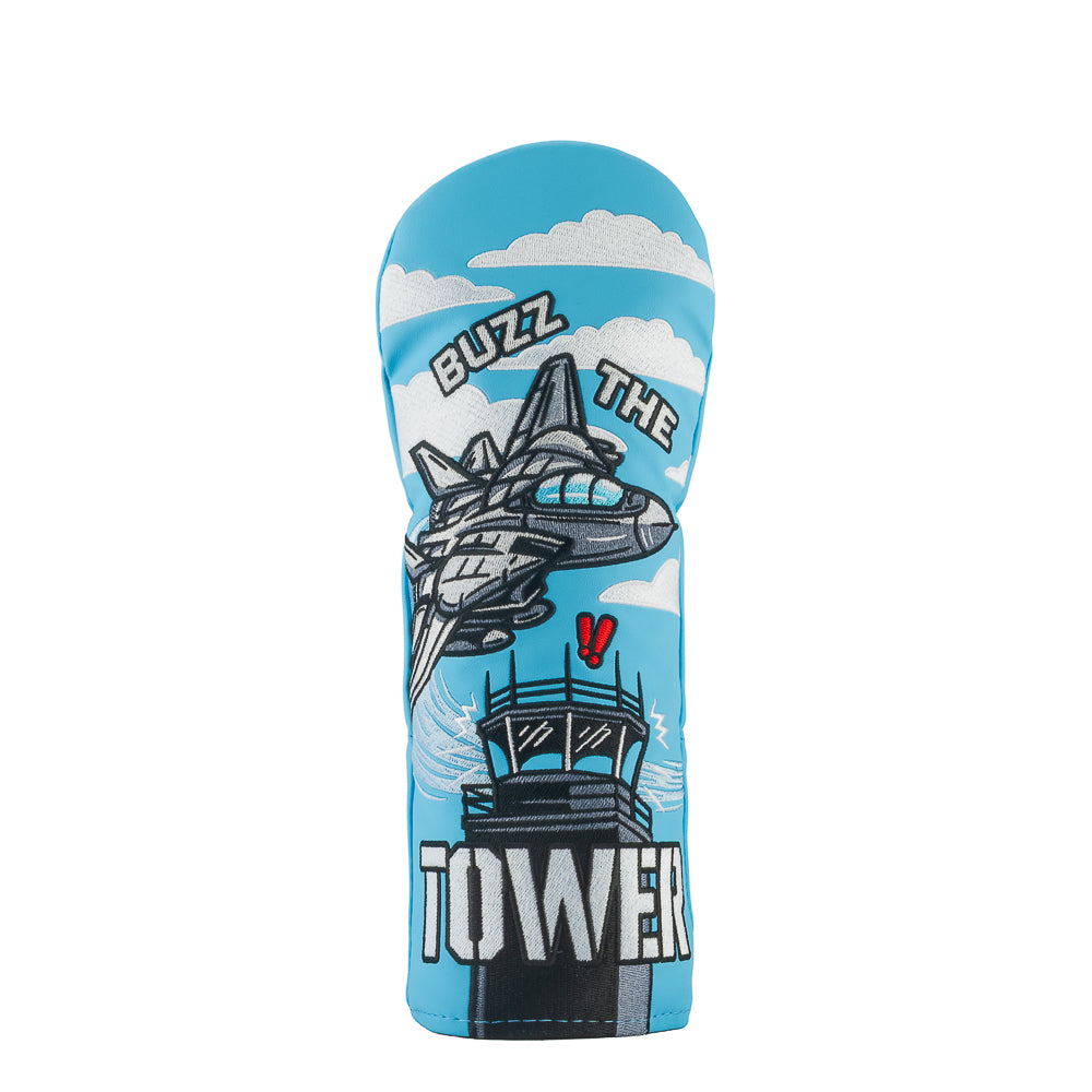Rewind Golf x Top Gun official Buzz The Tower movie scene with fighter jet and control tower embroidery on a fairway wood golf headcover.