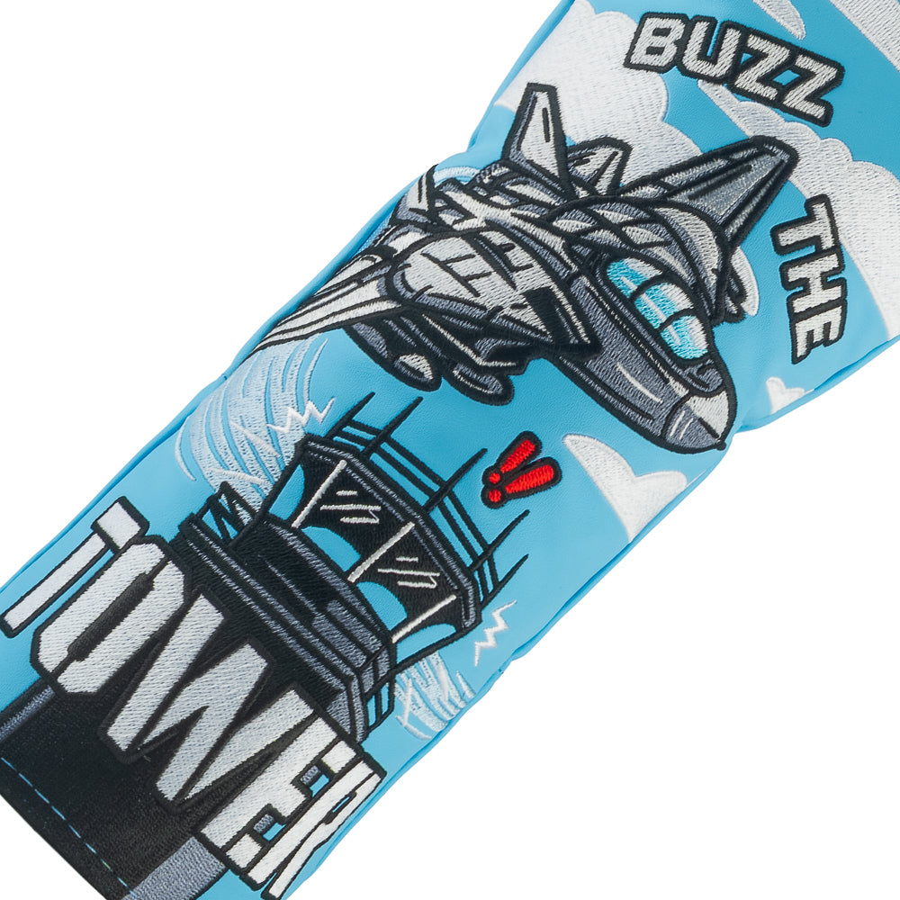 Rewind Golf x Top Gun official Buzz The Tower movie scene with fighter jet and control tower embroidery on a fairway wood golf headcover.