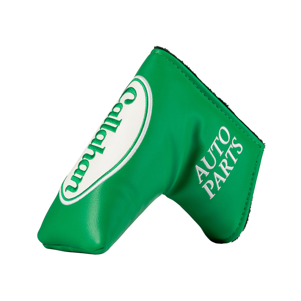 Green Callahan Auto Parts blade putter cover with logo.