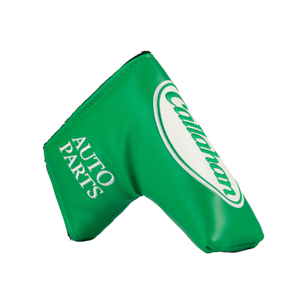 Green Callahan Auto Parts blade putter cover with logo.