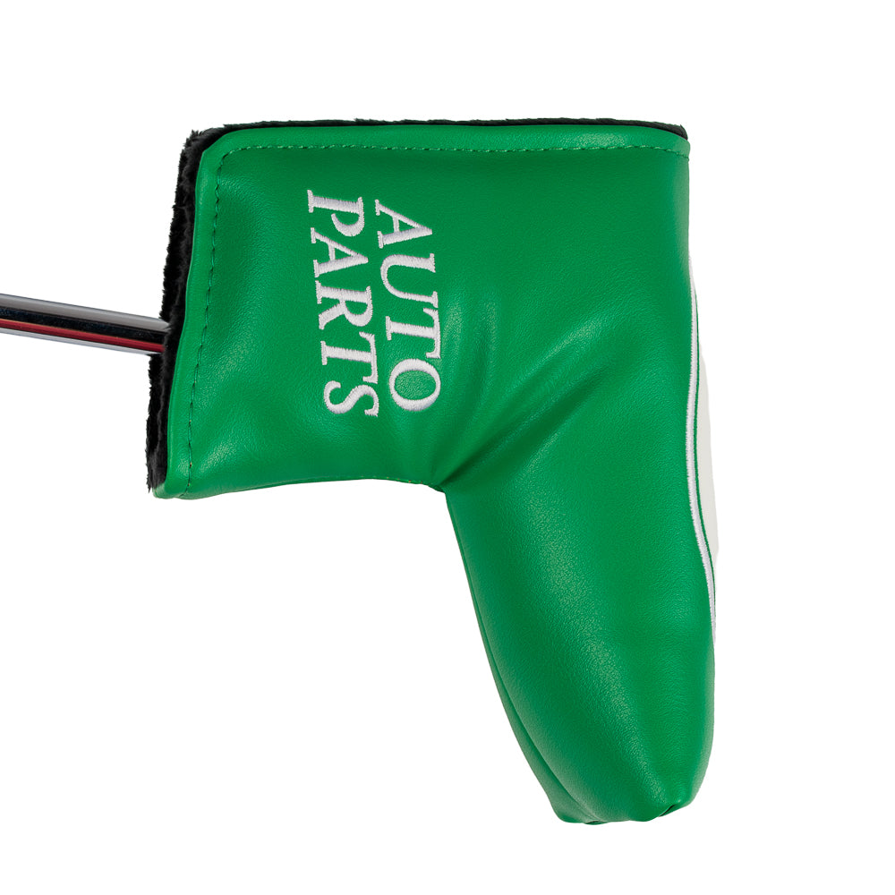 Green Callahan Auto Parts blade putter cover with logo.
