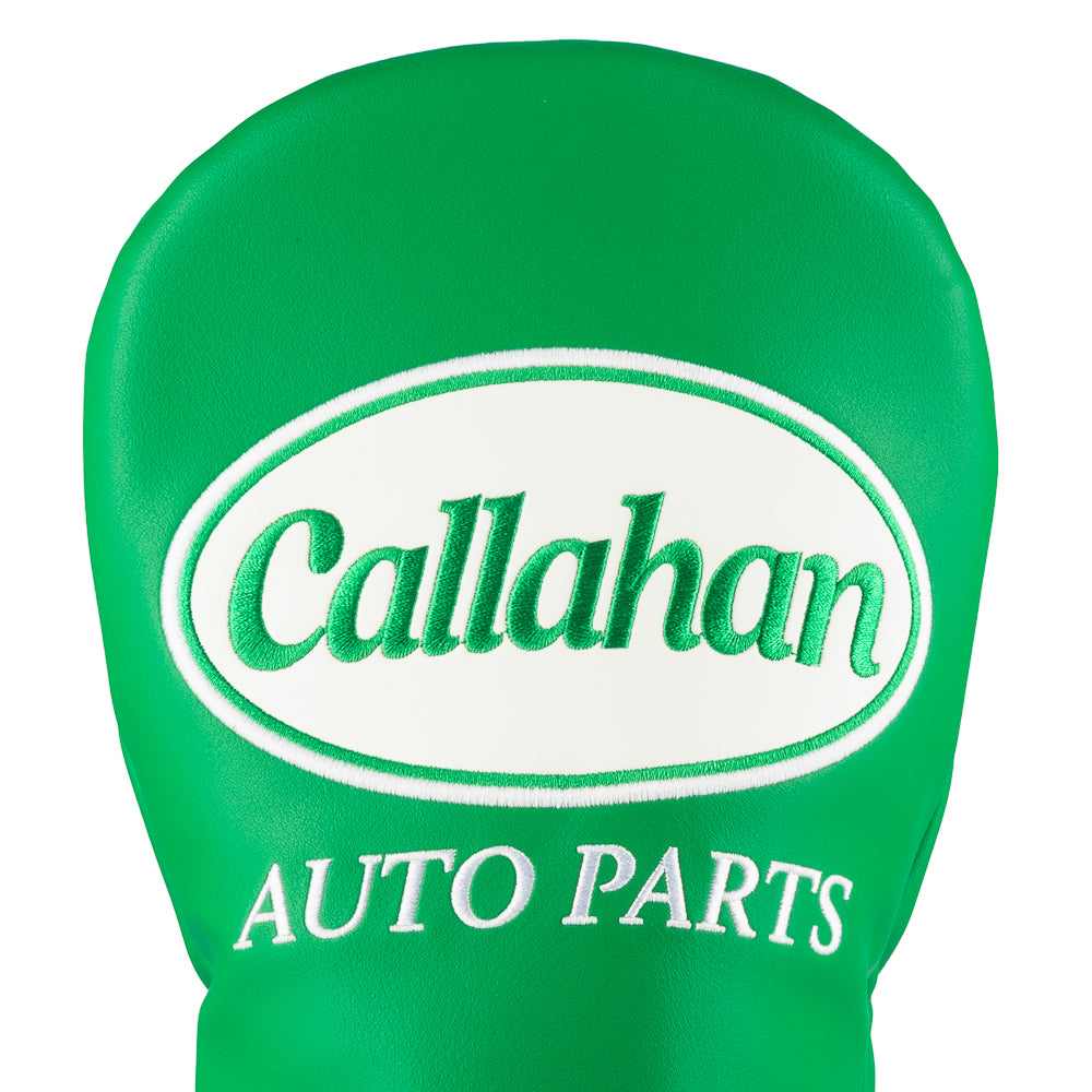 Green Callahan Auto Parts driver cover with white logo.