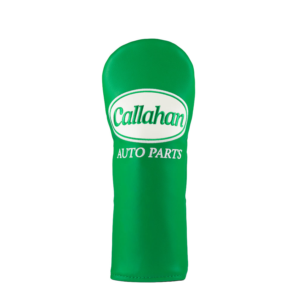 Green Callahan Auto Parts fairway cover with white logo.