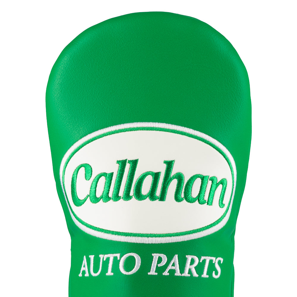 Green Callahan Auto Parts fairway cover with white logo.