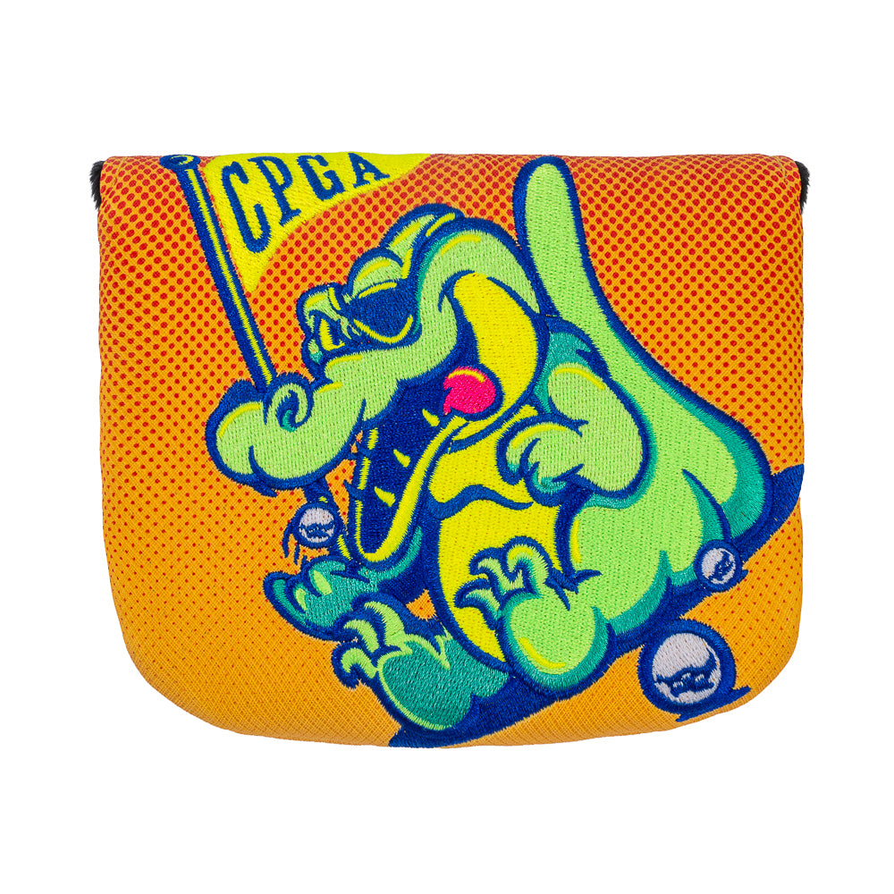 Rewind Golf x Happy Gilmore official Chubbs Peterson Golf Academy yellow and orange with embroidered gator mallet golf headcover.