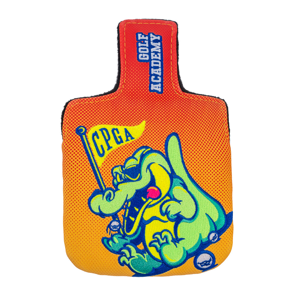 Rewind Golf x Happy Gilmore official Chubbs Peterson Golf Academy yellow and orange with embroidered gator mallet golf headcover.