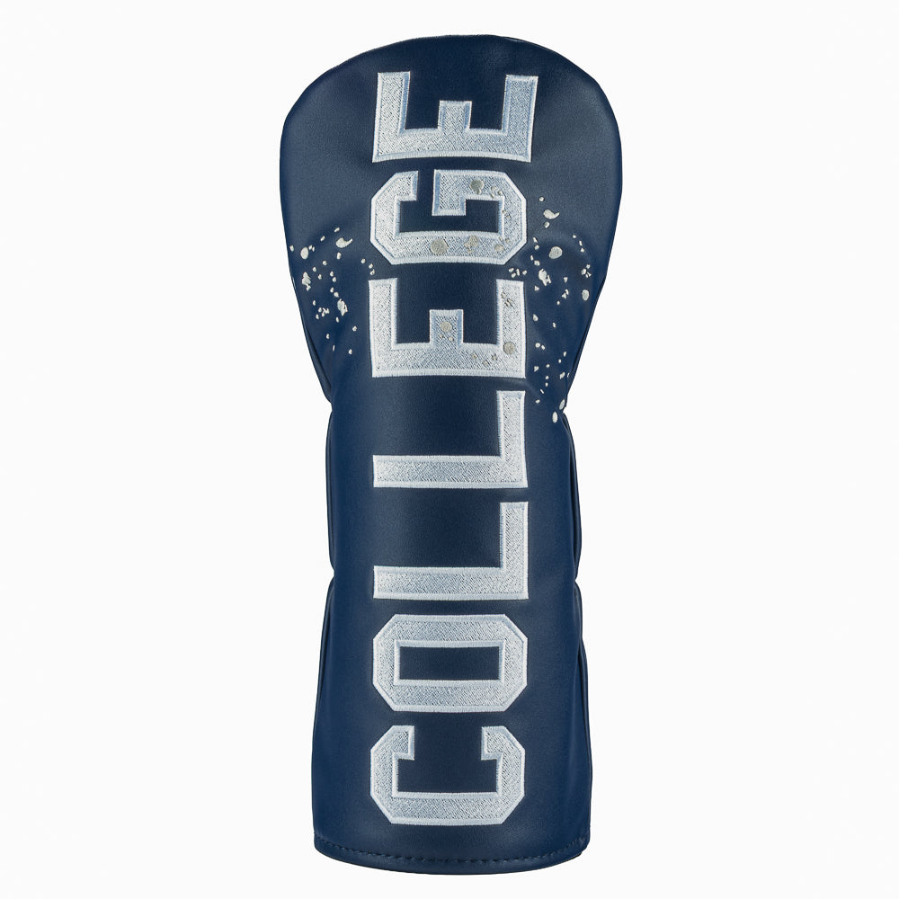 Rewind Golf x Animal House official Navy blue golf club driver headcover with 'COLLEGE' text on a black background