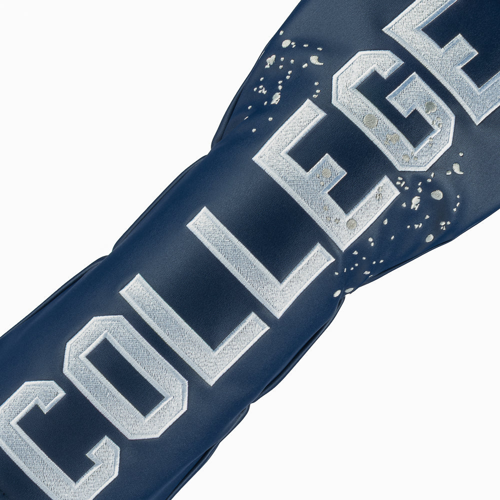 Rewind Golf x Animal House official Navy blue golf club driver headcover with 'COLLEGE' text on a black background