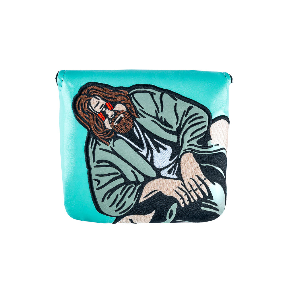 Rewind Golf x Big Lebowski The Dude Abides official center shaft XL golf headcover with teal material and the dude embroidered.