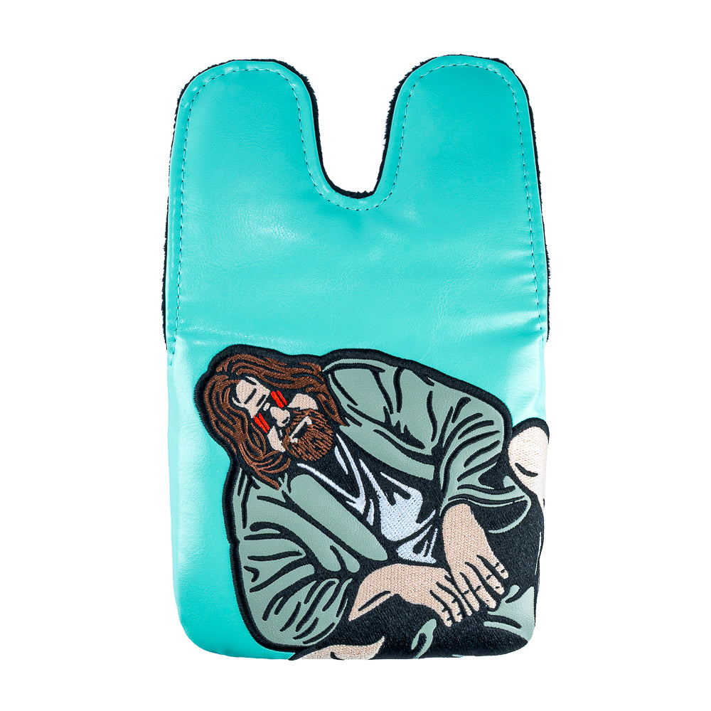 Rewind Golf x Big Lebowski The Dude Abides official center shaft XL golf headcover with teal material and the dude embroidered.