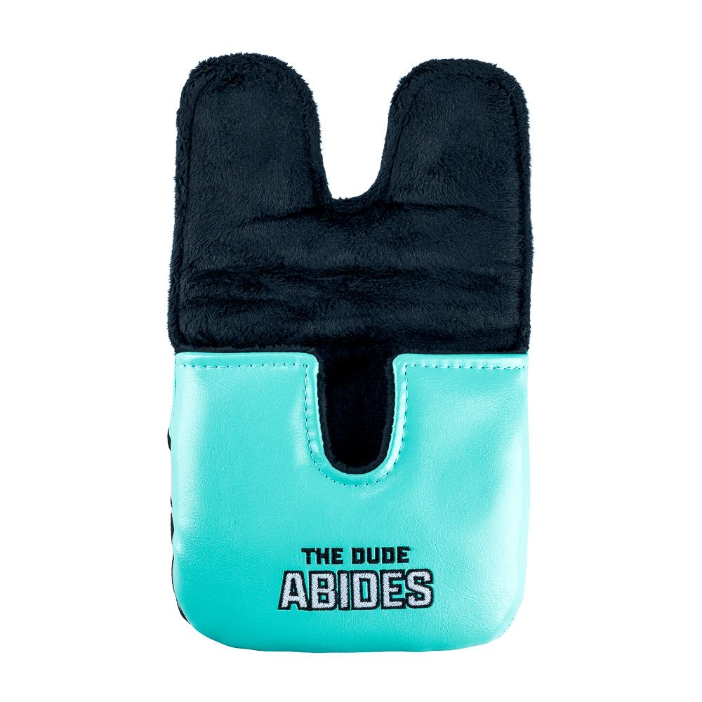 Rewind Golf x Big Lebowski The Dude Abides official center shaft XL golf headcover with teal material and the dude embroidered.