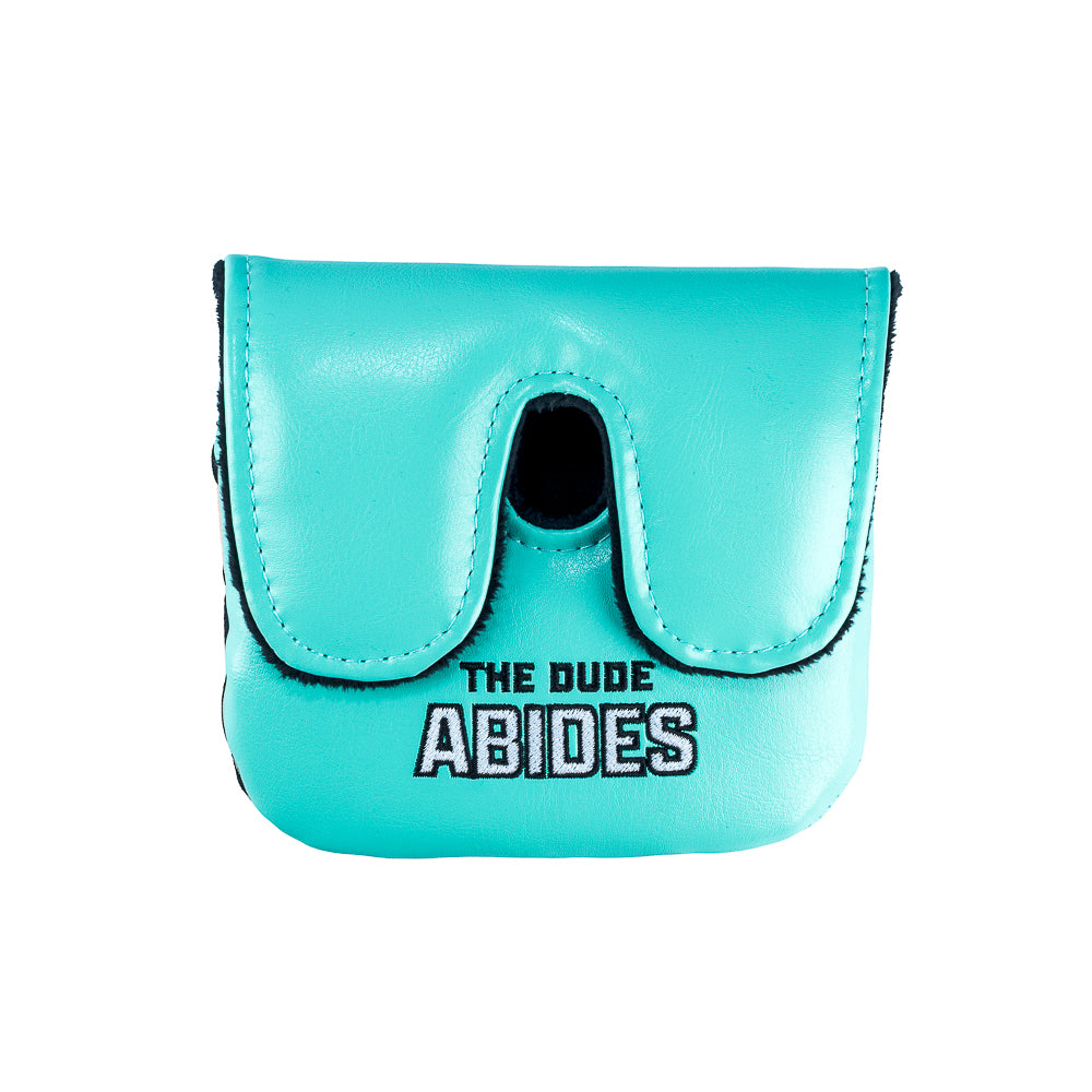 Rewind Golf x Big Lebowski The Dude Abides official center shaft XL golf headcover with teal material and the dude embroidered.