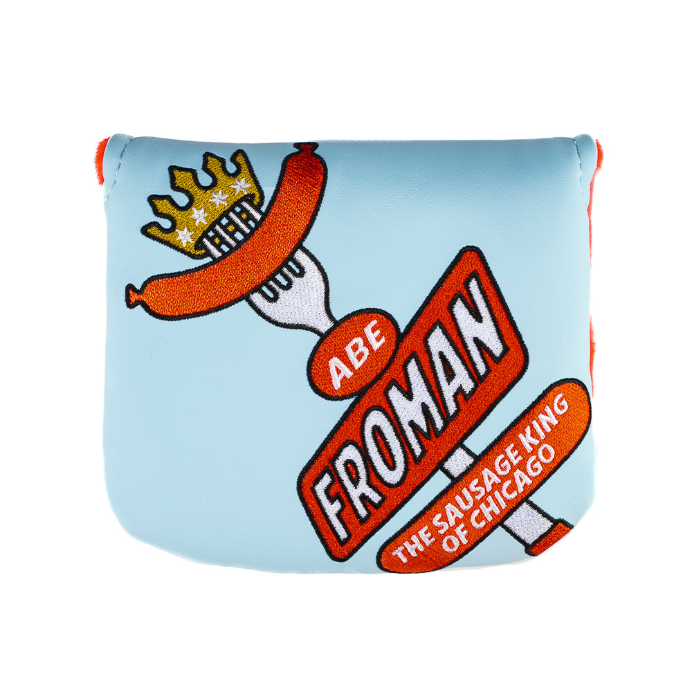Rewind Golf x Ferris Bueller official Abe Froman Sausage King of Chicago blue and red center shaft mallet golf headcover.