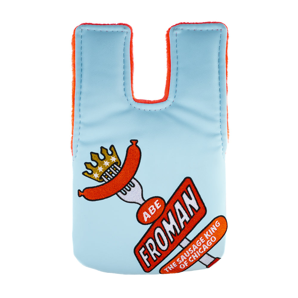 Rewind Golf x Ferris Bueller official Abe Froman Sausage King of Chicago blue and red center shaft mallet golf headcover.