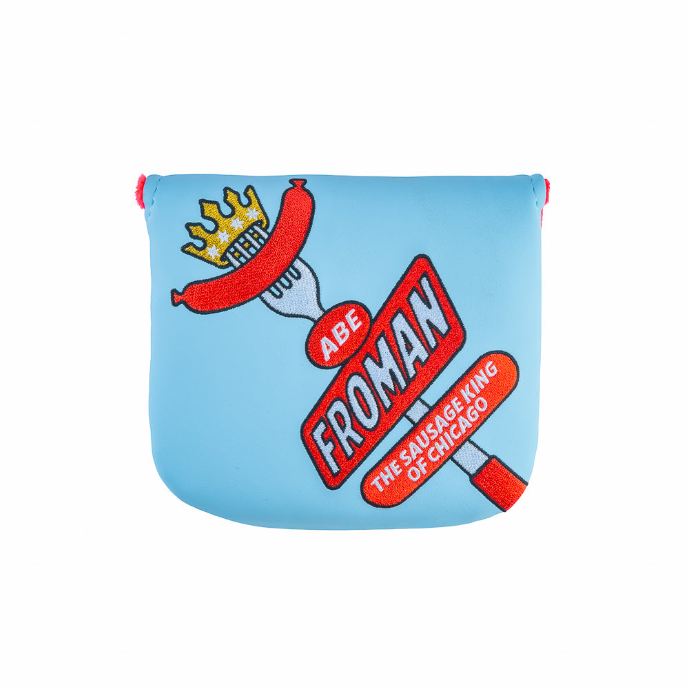 Rewind Golf x Ferris Bueller's Day Off official blue and red Abe Froman Sausage King of Chicago XL center shaft mallet golf headcover.