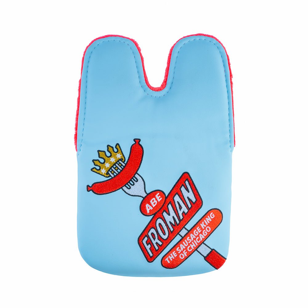 Rewind Golf x Ferris Bueller's Day Off official blue and red Abe Froman Sausage King of Chicago XL center shaft mallet golf headcover.