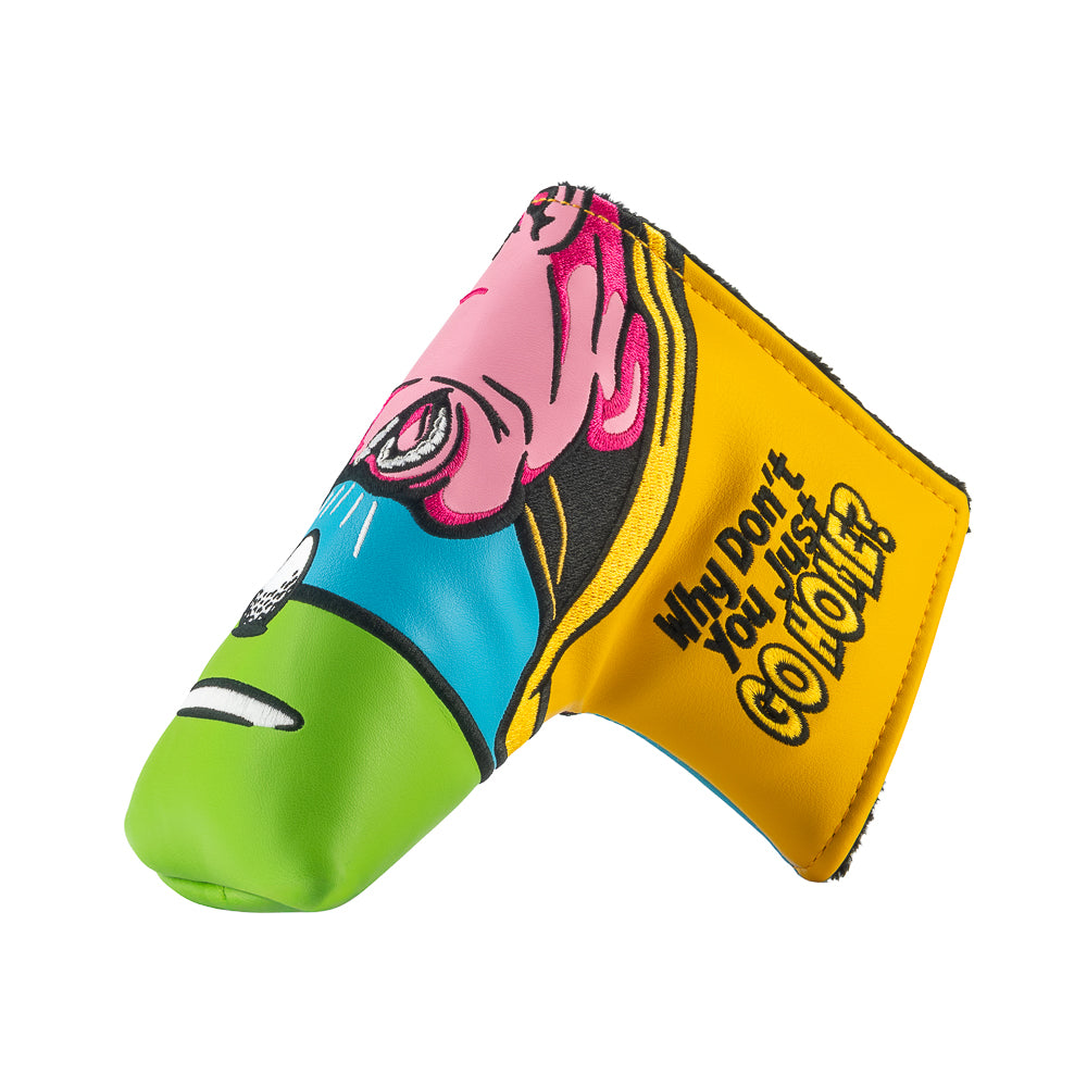 Rewind Golf x Happy Gilmore Why Don't You Just Go Home movie scene green, blue, and yellow blade golf headcover.