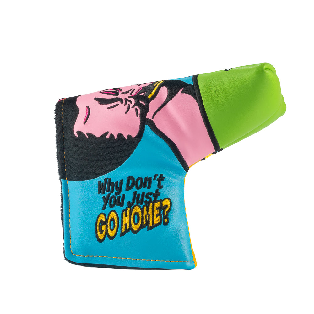 Rewind Golf x Happy Gilmore Why Don't You Just Go Home movie scene green, blue, and yellow blade golf headcover.