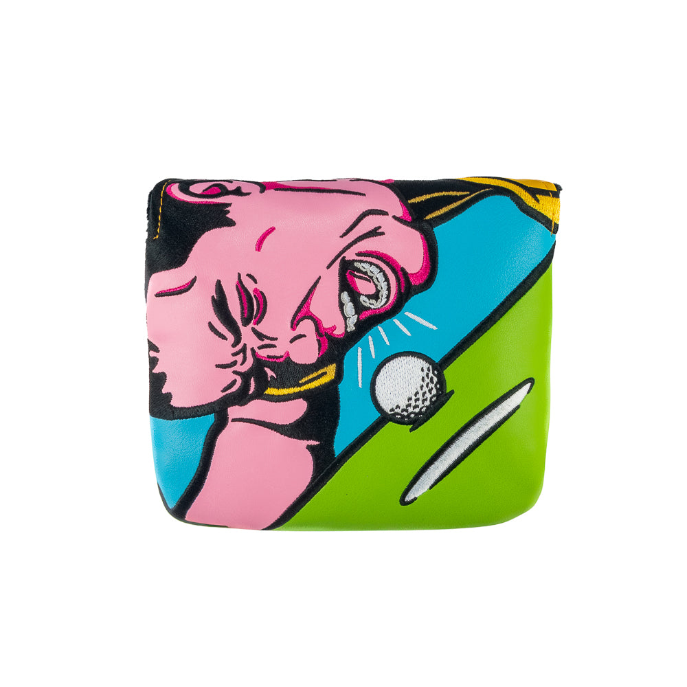 Rewind Golf x Happy Gilmore Why Don't You Just Go Home movie scene green, blue, and yellow mallet golf headcover.