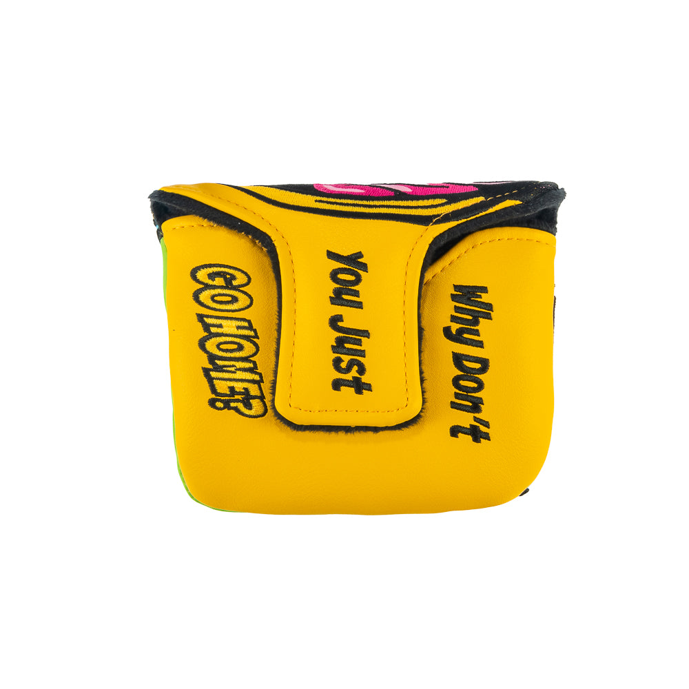 Rewind Golf x Happy Gilmore Why Don't You Just Go Home movie scene green, blue, and yellow mallet golf headcover.