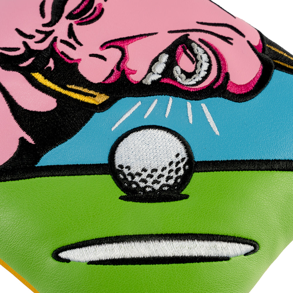 Rewind Golf x Happy Gilmore Why Don't You Just Go Home movie scene green, blue, and yellow mallet golf headcover.